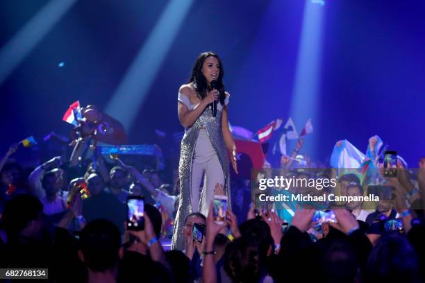 Singer Jamala performs during the final of the 62nd Eurovision Song Contest at International Exhibition Centre on May 13, 2017 in Kiev, Ukraine.