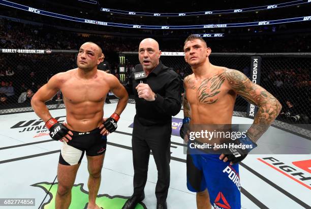 Dustin Poirier and Eddie Alvarez reacts to the result of their lightweight fight being announced as a no contest after an illegal knee from Eddie...