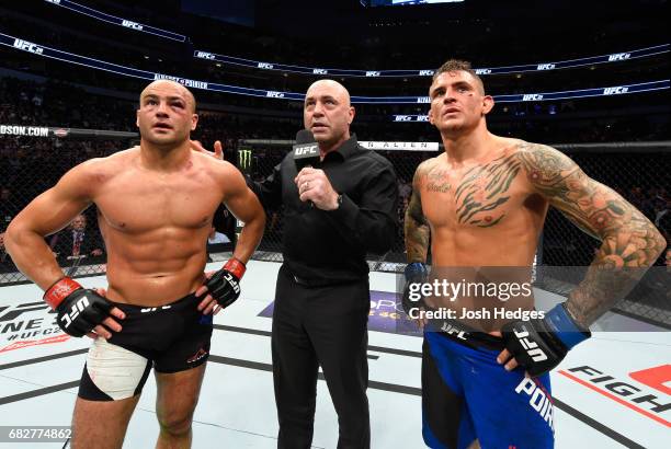 Dustin Poirier and Eddie Alvarez reacts to the result of their lightweight fight being announced as a no contest after an illegal knee from Eddie...