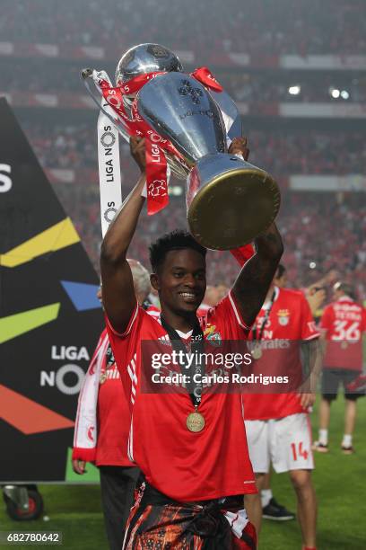 Benfica's defender Nelson Semedo from Portugal celebrating the tetra title with his team mates after the match between SL Benfica and Vitoria SC for...