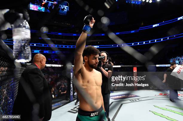 Yair Rodriguez enters the Octagon before facing Frankie Edgar in their featherweight fight during the UFC 211 event at the American Airlines Center...