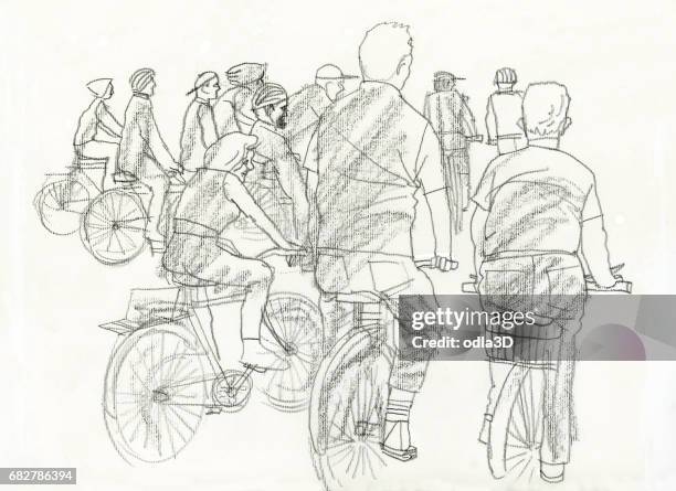 stockillustraties, clipart, cartoons en iconen met mensen in fietsen - dibujo