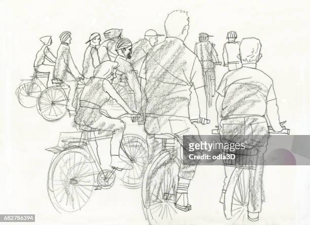 people in bikes - dibujo stock illustrations