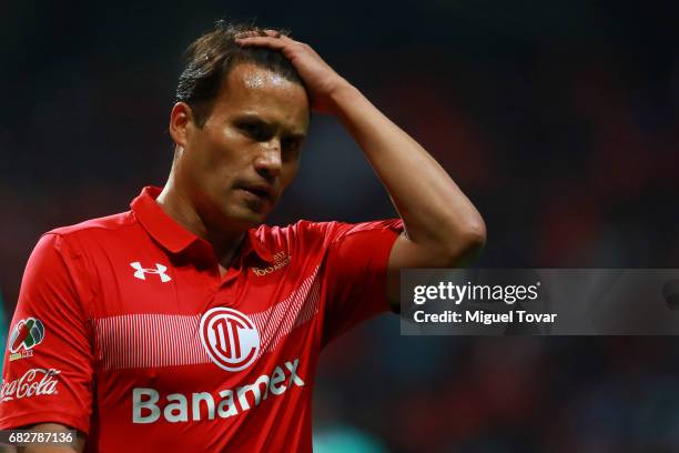 Aaron Galindo of Toluca reacts during the quarter finals second leg match between Toluca and Santos Laguna as part of the Torneo Clausura 2017 Liga...