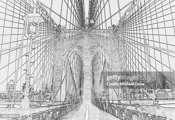 photographic line drawing of brooklyn bridge - manhattan stock illustrations stock pictures, royalty-free photos & images