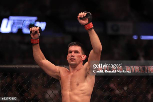 Demian Maia celebrates after his fight against Jorge Masvidal in their Welterweight bout during UFC 211 at American Airlines Center on May 13, 2017...