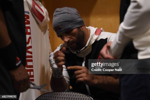 Gadzhimurad Antigulov has his hands wrapped before fighting Joachim Christensen during UFC 211 at the American Airlines Center on May 13, 2017 in...