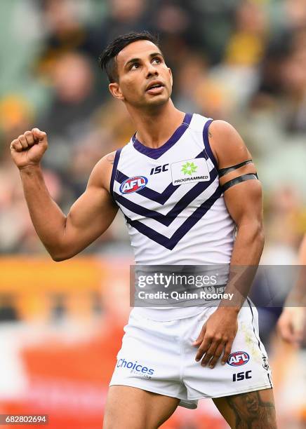 Danyle Pearce of the Dockers celebrates kicking a goal during the round eight AFL match between the Richmond Tigers and the Fremantle Dockers at...