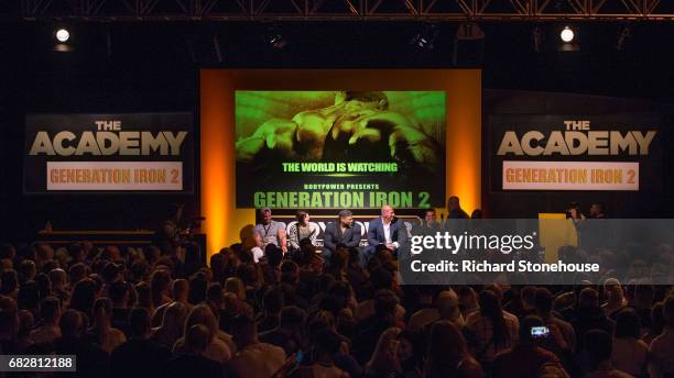 Professional bobybuilders Calum Von Moger, Dana Linn Bailey, Kai Greene, Martyn Ford, Rich Pians and Brandon Curry during the Q&A session at the...