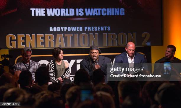 Professional bobybuilder Kai Greene during the Q&A session at the premiere of 'Generation Iron 2' at National Exhibition Centre on May 12, 2017 in...