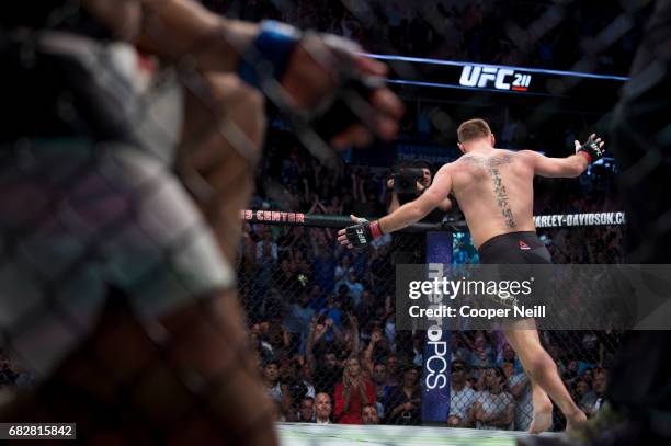 Stipe Miocic celebrates after defeating Junior dos Santos during UFC 211 at the American Airlines Center on May 13, 2017 in Dallas, Texas.