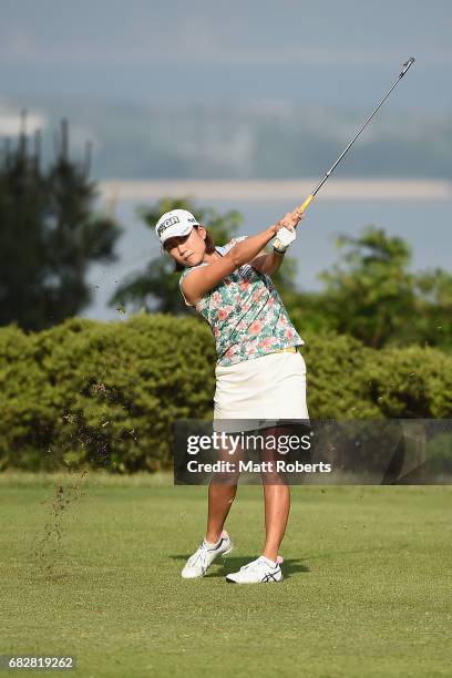 Erina Hara of Japan hits her tee shot on the 2nd hole during the final round of the Hoken-no-Madoguchi Ladies at the Fukuoka Country Club Wajiro...