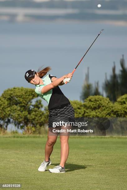 Ayaka Watanabe of Japan hits her tee shot on the 2nd hole during the final round of the Hoken-no-Madoguchi Ladies at the Fukuoka Country Club Wajiro...