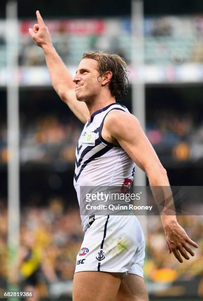 David Mundy of the Dockers celebrates kicking the winning goal during the round eight AFL match between the Richmond Tigers and the Fremantle Dockers...