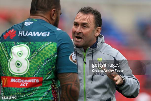 Ricky Stewart coach of the Raiders talks to his team during the round 10 NRL match between the Newcastle Knights and the Canberra Raiders at McDonald...