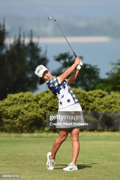 Asako Fujimoto of Japan hits her tee shot on the 2nd hole during the final round of the Hoken-no-Madoguchi Ladies at the Fukuoka Country Club Wajiro...