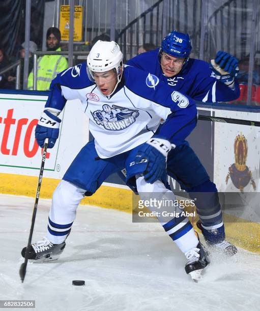 Jonathan Racine of the Syracuse Crunch controls the puck past Colin Greening of the Toronto Marlies during game 4 action in the Division Final of the...