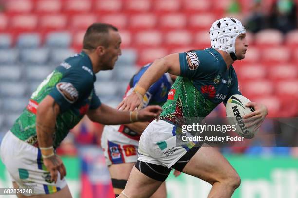 Jarrod Croker of the Raiders in action during the round 10 NRL match between the Newcastle Knights and the Canberra Raiders at McDonald Jones Stadium...