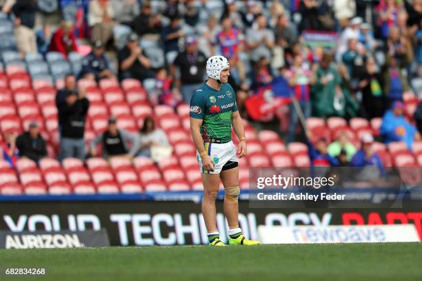 Jarrod Croker of the Raiders looks dejected after losing during the round 10 NRL match between the Newcastle Knights and the Canberra Raiders at...