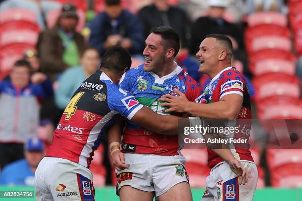 Joe Wardle of the Knights celebrates his try during the round 10 NRL match between the Newcastle Knights and the Canberra Raiders at McDonald Jones...