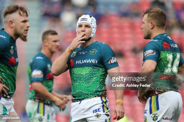Jarrod Croker of the Raiders looks dejected during the round 10 NRL match between the Newcastle Knights and the Canberra Raiders at McDonald Jones...