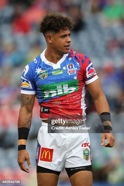 Dane Gagai of the Knights looks on during the round 10 NRL match between the Newcastle Knights and the Canberra Raiders at McDonald Jones Stadium on...