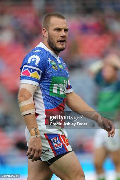 Nathan Ross of the Knights looks on during the round 10 NRL match between the Newcastle Knights and the Canberra Raiders at McDonald Jones Stadium on...