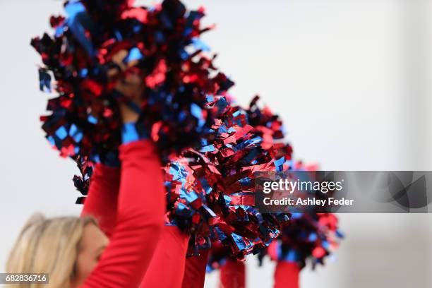 Knights cheerleaders show their support during the round 10 NRL match between the Newcastle Knights and the Canberra Raiders at McDonald Jones...