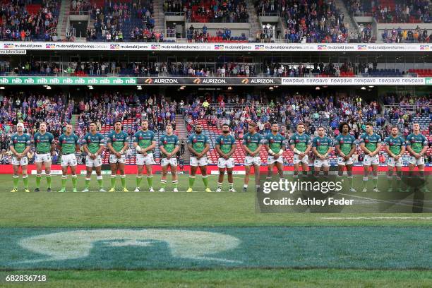 Raiders players line up before the game during the round 10 NRL match between the Newcastle Knights and the Canberra Raiders at McDonald Jones...