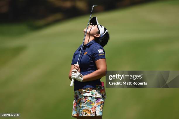 Shoko Sasaki of Japan reacts after her chip shot onto the 15th green during the final round of the Hoken-no-Madoguchi Ladies at the Fukuoka Country...