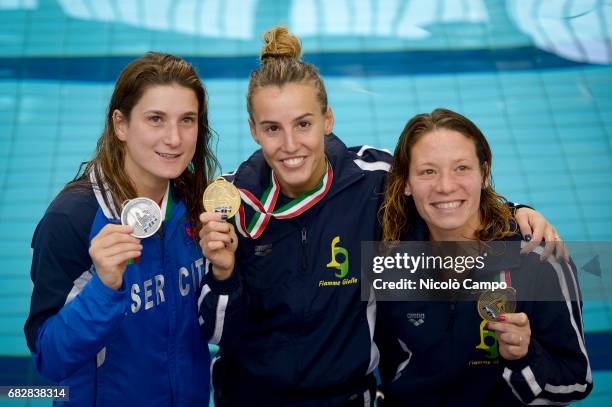 Elena Bertocchi , Tania Cagnotto and Maria Elisabetta Marconi show their medals after the Women's 1m springboard Final during the 2017 Indoor Diving...