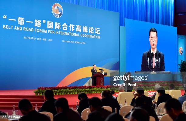Chinese Vice-Premier Zhang Gaoli delivers a speech on Plenary Session of High-Level Dialogue, at the Belt and Road Forum on May 14, 2017 in Beijing,...