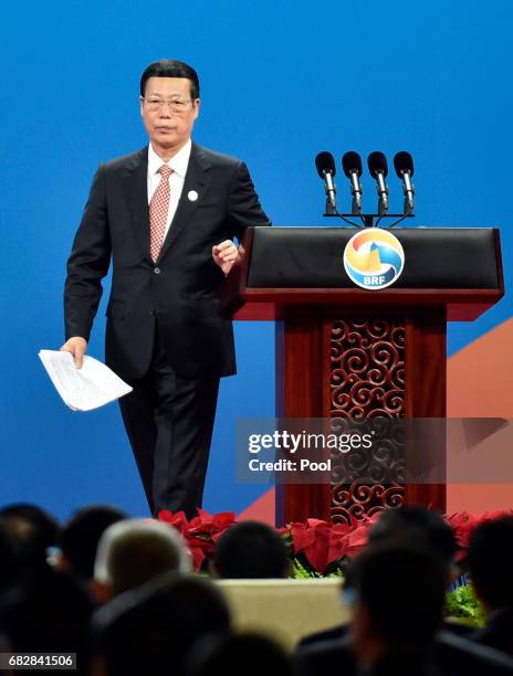 Chinese Vice-Premier Zhang Gaoli leaves from the stage after deliver a speech on Plenary Session of High-Level Dialogue, at the Belt and Road Forum...
