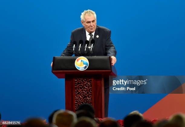 Czech President Milos Zeman delivers a speech on Plenary Session of High-Level Dialogue, at the Belt and Road Forum on May 14, 2017 in Beijing,...