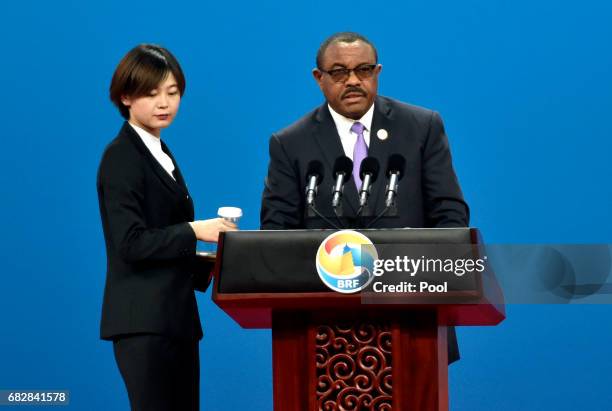 Ethiopia's Prime Minister Hailemariam Desalegn delivers a speech on Plenary Session of High-Level Dialogue, at the Belt and Road Forum on May 14,...