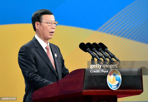 Chinese Vice-Premier Zhang Gaoli delivers a speech on Plenary Session of High-Level Dialogue, at the Belt and Road Forum on May 14, 2017 in Beijing,...
