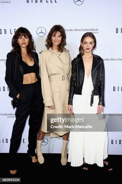 Georgia Fowler, Montana Cox and Rosie Tupper arrive ahead of the Mercedes-Benz Presents Dion Lee show at Mercedes-Benz Fashion Week Resort 18...