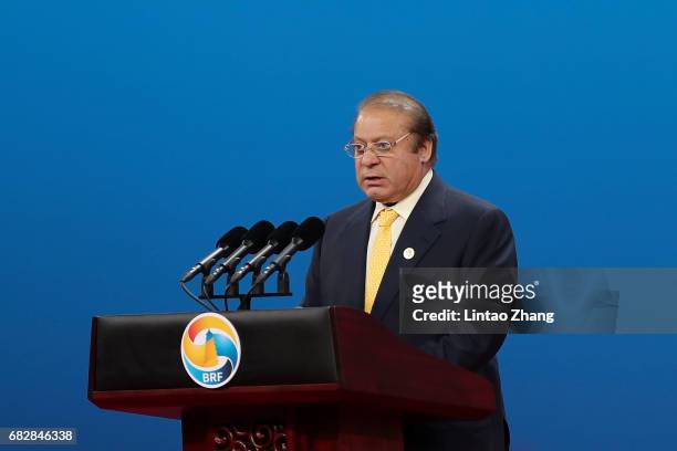 Prime Minister of Pakistan Nawaz Sharif speaks during the Belt and Road Forum for International Cooperation on May 14, 2017 in Beijing, China.