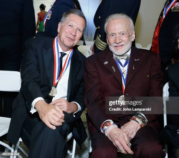 Ohio Governor, John Kasich and former Astronaut, Buzz Aldrin attend 2017 Ellis Island Medals of Honor Ceremony at Ellis Island on May 13, 2017 in New...