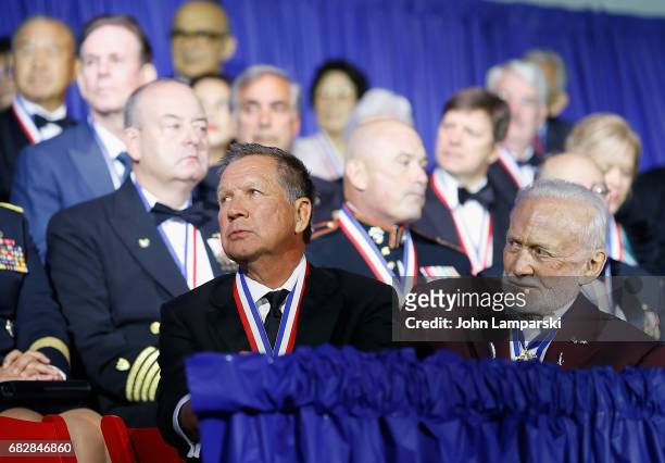 Ohio Governor, John Kasich and former Astronaut, Buzz Aldrin attend 2017 Ellis Island Medals of Honor Ceremony at Ellis Island on May 13, 2017 in New...