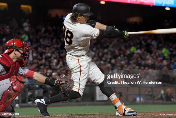 Michael Morse of the San Francisco Giants bats against the Cincinnati Reds in the bottom of the seventh inning at AT&T Park on May 11, 2017 in San...