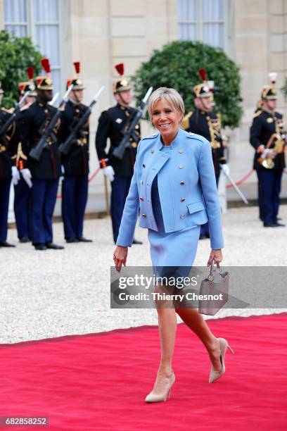 Wife of France's newly-elected President Emmanuel Macron, Brigitte Trogneux arrives at the Elysee Presidential Palace for the handover ceremony...