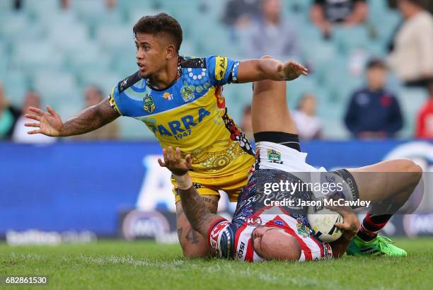 Blake Ferguson of the Roosters is tackled by Kaysa Pritchard of the Eels during the round 10 NRL match between the Sydney Roosters and the Parramatta...