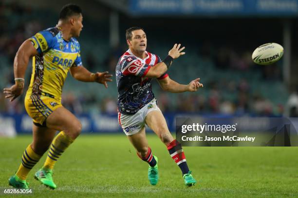 Michael Gordon of the Roosters passes the ball during the round 10 NRL match between the Sydney Roosters and the Parramatta Eels at Allianz Stadium...
