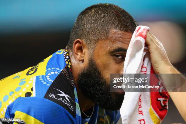 Michael Jennings of the Eels receives attention for an injury during the round 10 NRL match between the Sydney Roosters and the Parramatta Eels at...