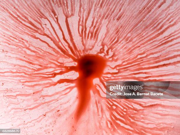 full frame of the textures formed of a block of cracked ice, with small cracks of red liquid - blood texture stock pictures, royalty-free photos & images