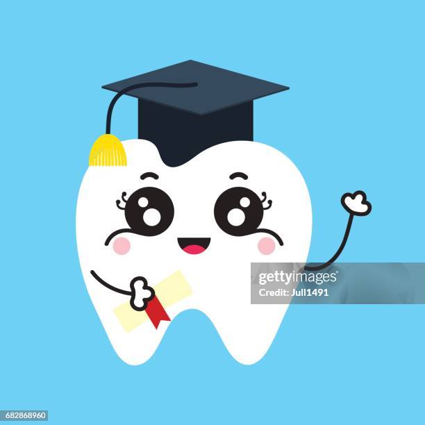 cute tooth cartoon graduate in square academic cap and certificate. - graduation day stock illustrations