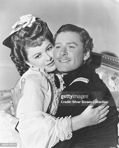 Actors Errol Flynn as George Armstrong Custer and Olivia de Havilland as Elizabeth Bacon in the film 'They Died with Their Boots On', 1941.