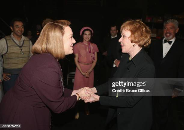 Kristine Nielsen and Carol Burnett chat backstage at the hit play "Present Laughter" on Broadway at The St. James Theatre on May 13, 2017 in New York...
