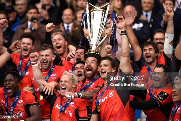 Jim Hamilton and the Saracens team celebrate after the European Rugby Champions Cup Final between ASM Clermont Auvergne and Saracens at Murrayfield...